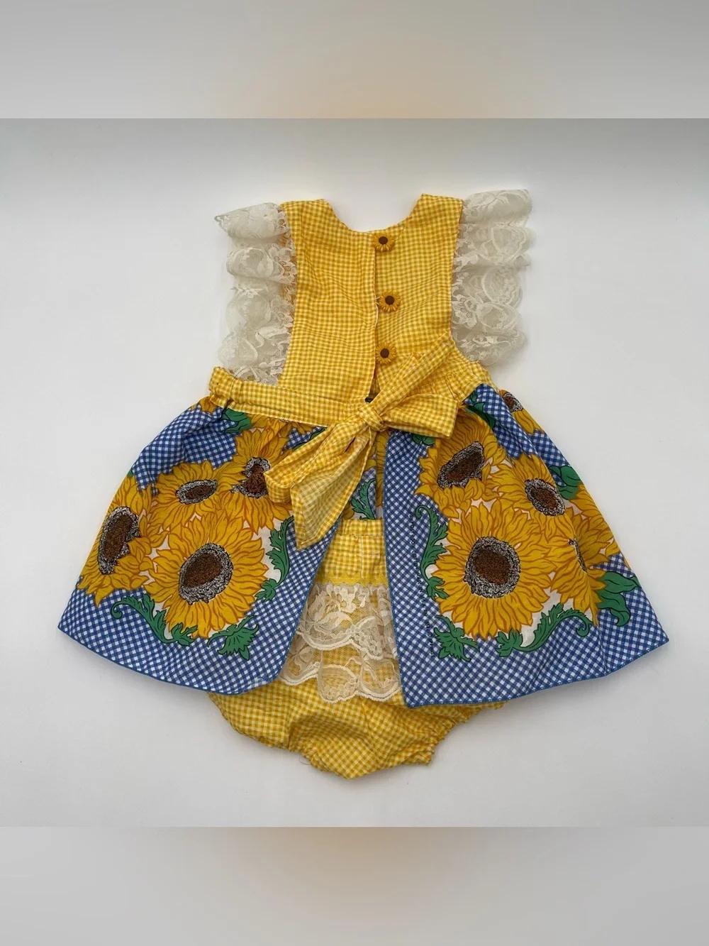 Handmade Sunflower Gingham Baby Dress with Blooming Skirt Lace Florals 9 mos